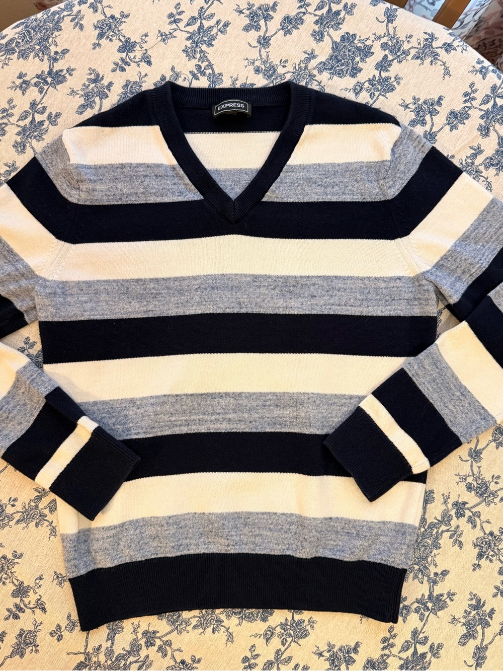Express Men's V-Neck Striped Sweater in Navy, Gray & White